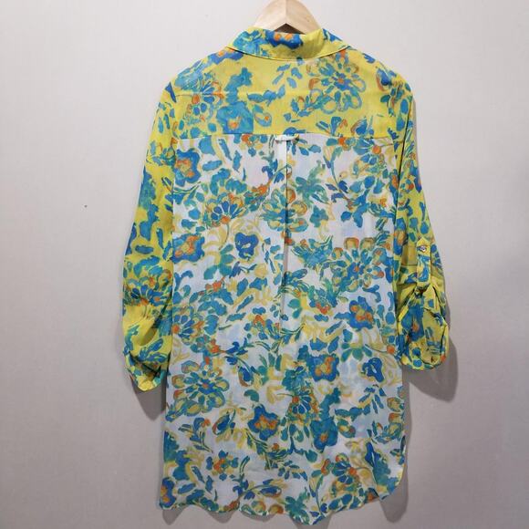 Figueroa & Flower Shirt Womens Large Multicolor Floral Sheer Tunic Roll Tab - Picture 2 of 9
